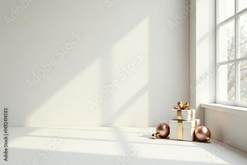 Sunlit Room with Gifts and Ornaments A Minimalist Holiday Scene