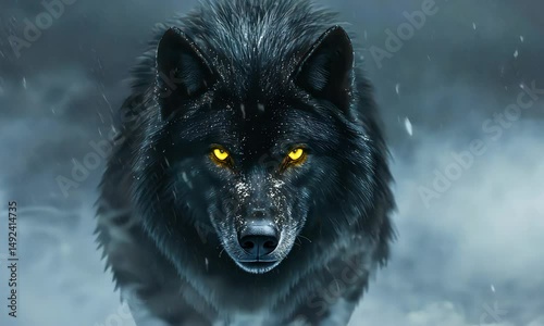 Black wolf head in fog