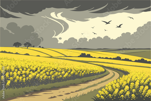 136 beautiful canola field, dramatic clouds with birds flying, winding dirt path through field, stunning scenic landscape, vibrant colors, dramatic sky, moody atmosphere