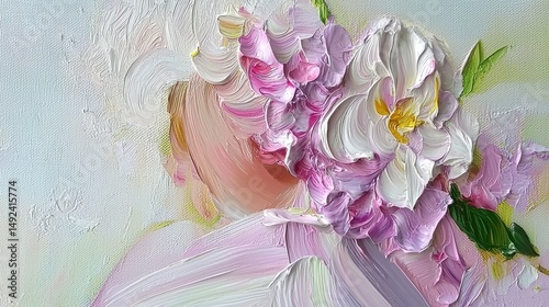 A painting of a white flower with pink and purple petals.
