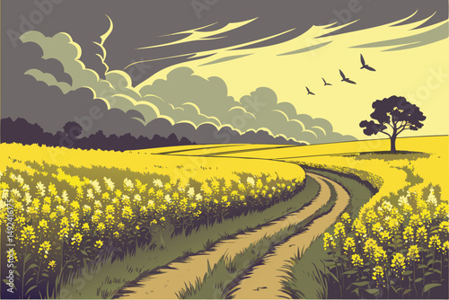 136 beautiful canola field, dramatic clouds with birds flying, winding dirt path through field, stunning scenic landscape, vibrant colors, dramatic sky, moody atmosphere