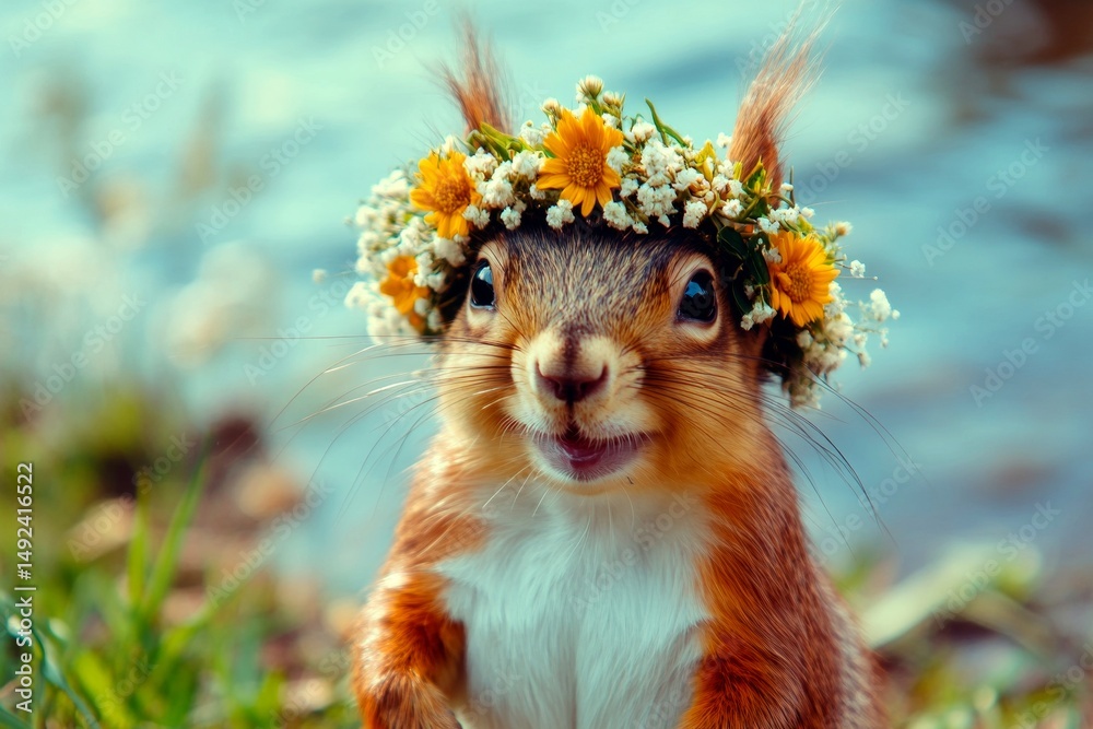 Obraz premium Isolated ultramarine background, copy space, ad campaign concept art creative design. Cute adult animal squirrel wearing untamed flower crown on its head - symbol of sunny warm season.