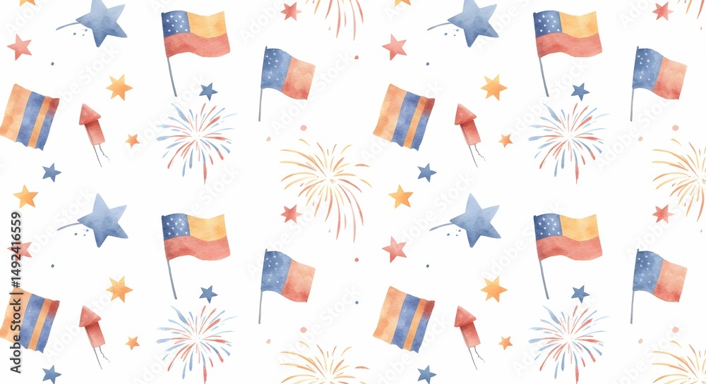 Obraz premium Fourth of July Background: Celebrating Watercolor Seamless Pattern with Flags and Fireworks