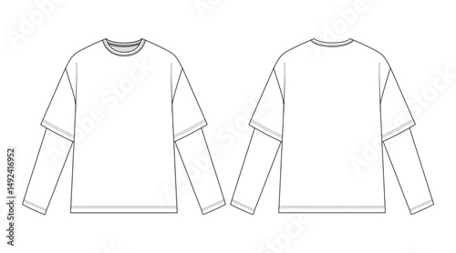 Fashion technical drawing of the oversized double sleeve longsleeve. Double-layer sleeve t-shirt.