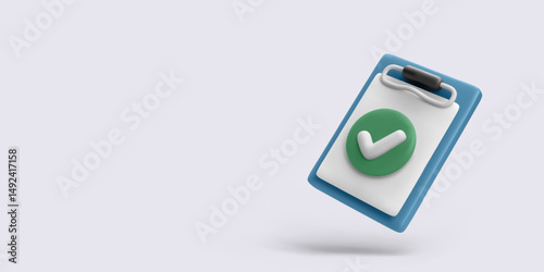 Blue And White Checklist Clipboard With Green Check Mark In 3D Minimal Style, Perfect For Tasks, Planning, And Success Concepts. Vector Illustration.