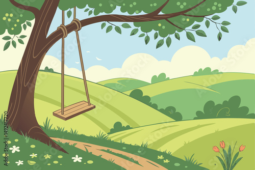 137 a wooden swing hanging from tree branches with lush green leaves, rolling hills in the background, idyllic pastoral landscape, digital art, highly detailed, smooth, vibrant colors, 4k resolution