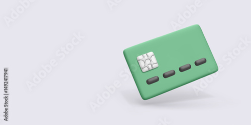 Credit Card Icon, 3D Green Banking Card with Chip and Minimal Style on Light Background. Ideal for Payment, Finance, or Online Transaction Concepts. Vector Illustration.