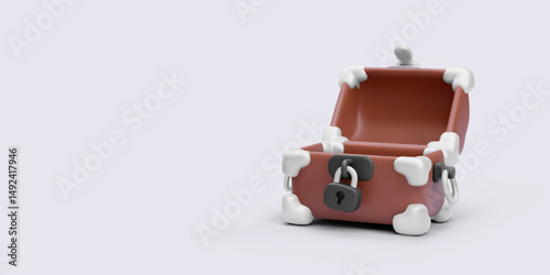 Pirate Chest Icon, 3D Open Treasure Box with Stylized White Bones and Padlocks in Minimal Cartoon Style. Perfect for Games, Adventure, or Security Concepts. Vector Illustration.
