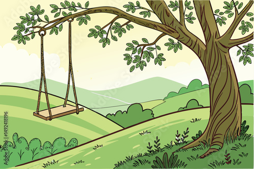 137 a wooden swing hanging from tree branches with lush green leaves, rolling hills in the background, idyllic pastoral landscape, digital art, highly detailed, smooth, vibrant colors, 4k resolution
