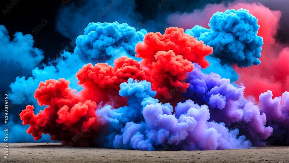 Fototapeta premium Dramatic smoke emanating vibrant red blue and purple