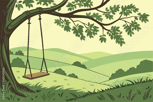 137 a wooden swing hanging from tree branches with lush green leaves, rolling hills in the background, idyllic pastoral landscape, digital art, highly detailed, smooth, vibrant colors, 4k resolution