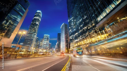 Night Cityscape with Illuminated Skyscrapers and Traffic
