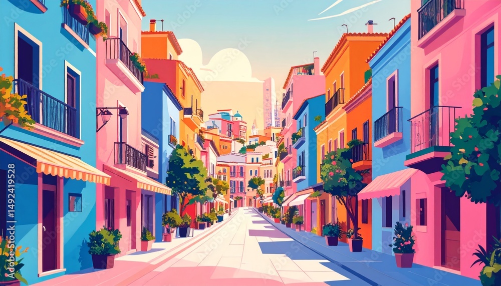 Fototapeta premium Colorful cartoon city skyline with tall buildings in vibrant shades of pink, orange, and blue, comic book style