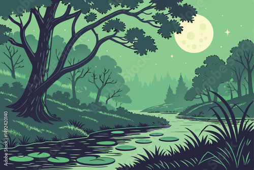 138 fantasy forest landscape, lush green trees, moonlit night sky, lake with lily pads, vibrant colors, digital art, 8k, hyperrealistic, cinematic