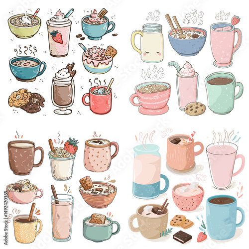 Cute and colorful hand-drawn illustration of various hot drinks, including coffee, cocoa, latte, and milk with whipped cream, toppings, and cookies.

