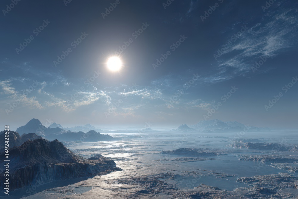 Naklejka premium Icy Alien Planet Landscape, Sun, Mountains