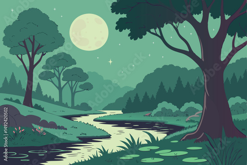138 fantasy forest landscape, lush green trees, moonlit night sky, lake with lily pads, vibrant colors, digital art, 8k, hyperrealistic, cinematic
