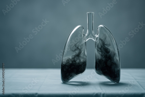 A glass model of human lungs filled with dark smoke, symbolizing the harmful effects of air pollution or smoking.