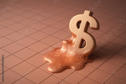 A metallic dollar sign appears to be melting on a tiled surface, symbolizing financial instability or devaluation.