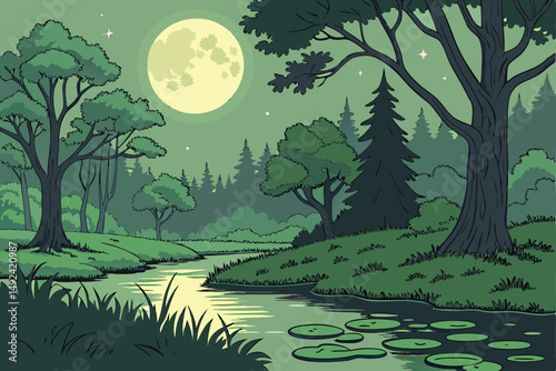 138 fantasy forest landscape, lush green trees, moonlit night sky, lake with lily pads, vibrant colors, digital art, 8k, hyperrealistic, cinematic