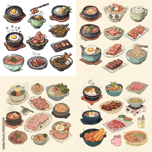 Hand-drawn Korean food illustration pack with barbecue, bibimbap, kimchi stew, and side dishes served in stone bowls and earthenware pots.

