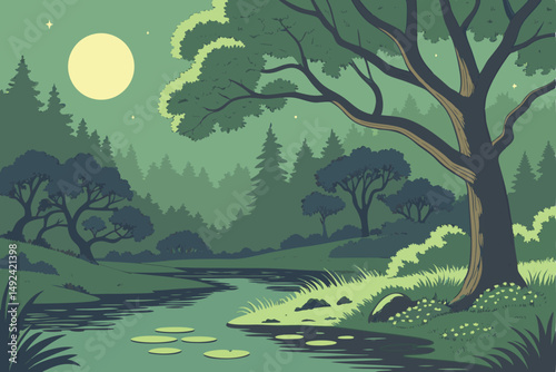 138 fantasy forest landscape, lush green trees, moonlit night sky, lake with lily pads, vibrant colors, digital art, 8k, hyperrealistic, cinematic
