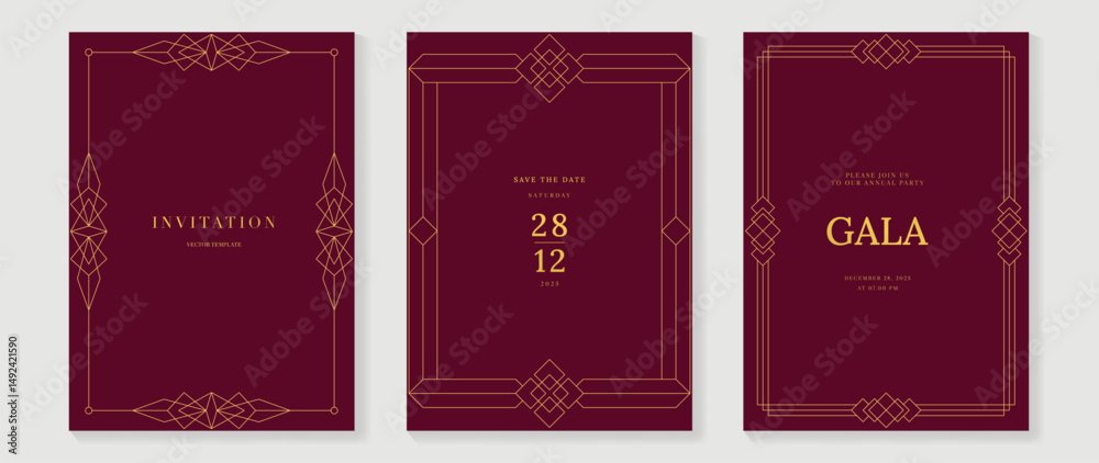 Luxury wedding invitation card background vector. Elegant classic antique design, gold lines gradient on red background. Premium design illustration for gala card, grand opening, art deco. Luxury wedding invitation card background vector. Elegant classic antique design, gold lines gradient on red background. Premium design illustration for gala card, grand opening, art deco.