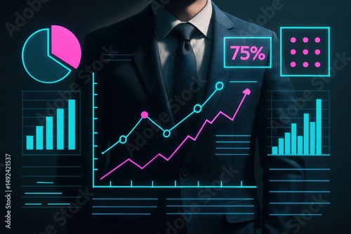 A businessman stands behind glowing digital charts and graphs, representing analytics, data visualization, and financial growth.