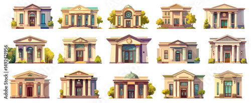 Bank buildings. Cartoon governmental finance house retro architecture columns front view, money loan institution set vector illustration