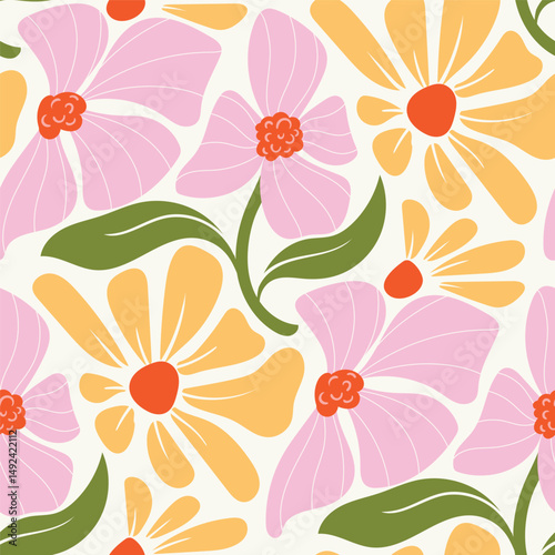 Abstract artistic florals seamless pattern background vector. Colorful botanical wallpaper with flower, foliage. Design for prints, cover, fabric, packaging, wall art, home decor. 