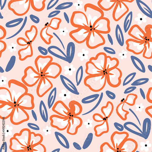 Abstract artistic florals seamless pattern background vector. Colorful botanical wallpaper with flower, foliage. Design for prints, cover, fabric, packaging, wall art, home decor. 