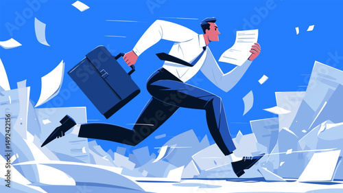 Businessman paperwork. Cartoon man in office suit briefcase run on paper pile, deadline document bureaucracy concept vector illustration