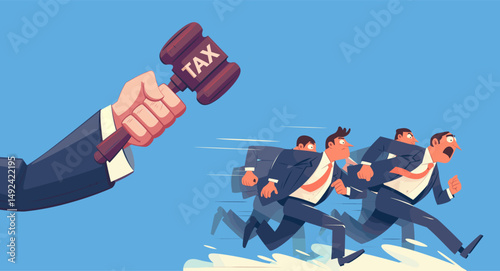 Businessmen avoid tax. Cartoon men run from judge gavel, business fear crisis bankruptcy finance struggle vector illustration