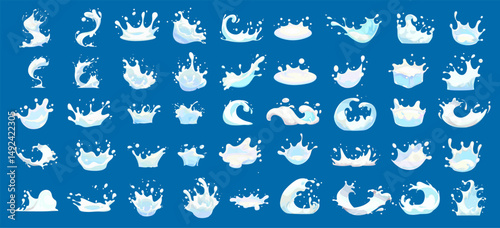 Cartoon milk splashes set. White milkshake swirls blots drops waves, yogurt cream dairy product logo vector illustration