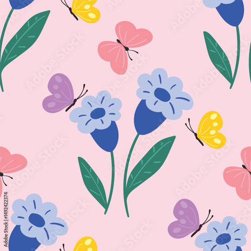 Abstract artistic florals seamless pattern background vector. Colorful botanical wallpaper with flower, foliage. Design for prints, cover, fabric, packaging, wall art, home decor. 