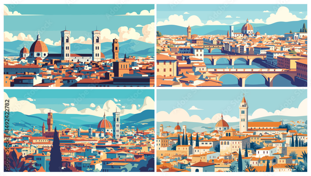 Florence cityscape. Flat traditional mediterranean city houses towers cathedral dome, europa travel historic landmark vector illustration