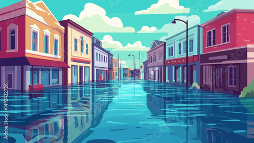 Flood town. Cartoon landscape natural disaster street houses flooded with rain water climate change vector illustration