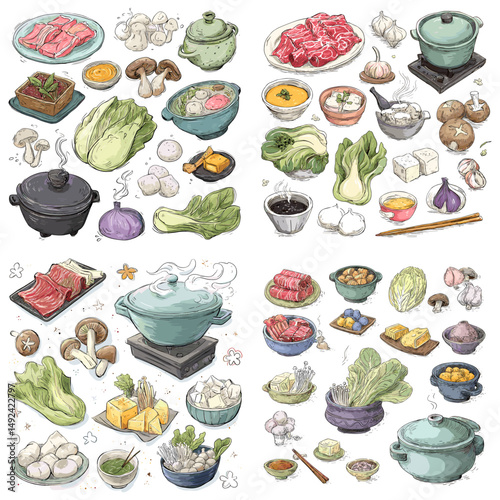 Asian hotpot and shabu-shabu ingredients illustration set with meat slices, tofu, leafy greens, mushrooms, dipping sauces, and boiling pots.

