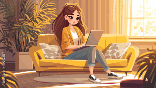 Girl working home. Woman freelancer remote sit on couch living room, student with laptop distance learning vector illustration