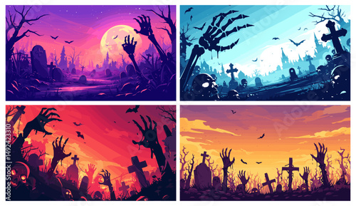 Halloween graveyard. Cartoon night cemetery with zombie skeleton hands graves tombstones spooky trees moon vector illustration