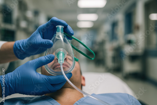 A patient receiving oxygen through a mask in a hospital setting, assisted by a medical professional wearing blue gloves.