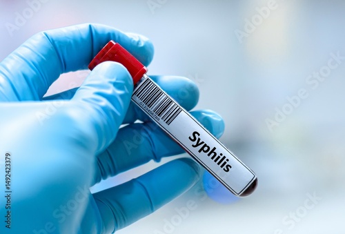 Foto Blood sample tube for syphilis test analysis.