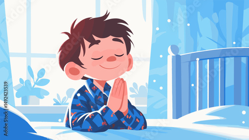 Kid praying. Cartoon little christian boy character prayer in pajama before bed, religion vector illustration