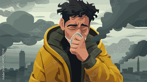 Man cough smoke. Cartoon male in mask, industrial plant toxic gas pollution air pollution concept vector illustration