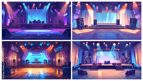 Night disco club. Cartoon nightclub empty room interior stage with lights music speakers, karaoke bar vector illustration