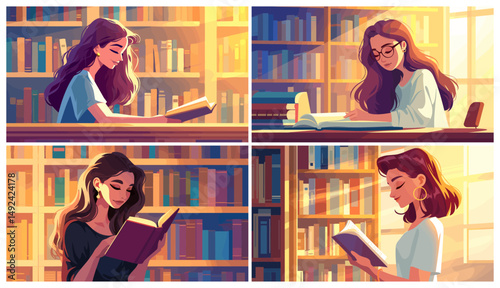 Woman read. Cartoon girl hold public library book, literature hobby education novel fiction vector illustration