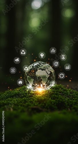 Earth crystal ball with eco icons on moss in forest