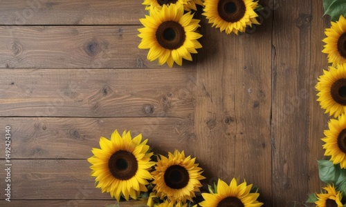 Sunflowers arranged on rustic wooden board, vibrant yellow petals , sunny, background