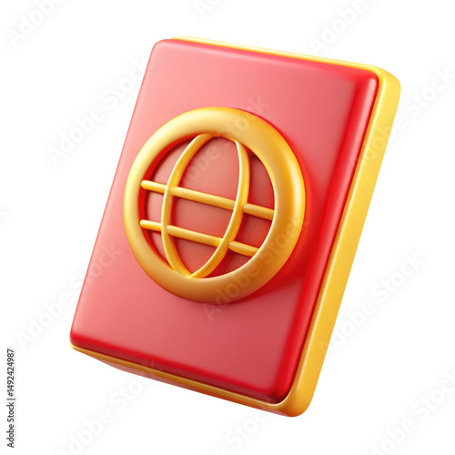 3D Red Passport with Golden Globe Icon Isolated on Transparent Background photo