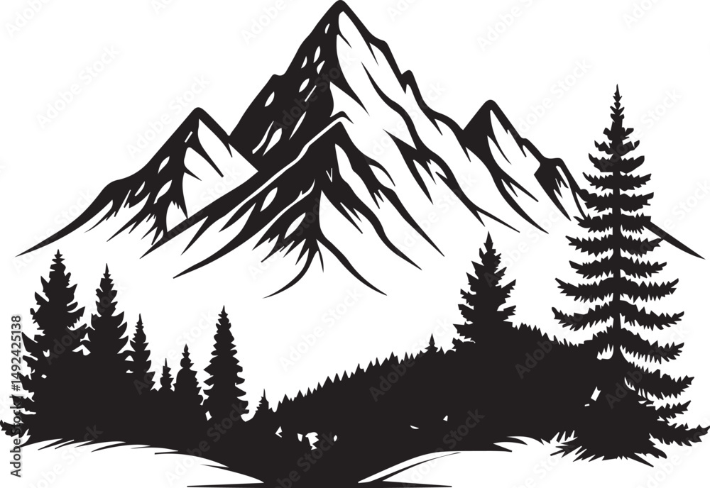 Fototapeta premium Mountain Range and Pine Trees Silhouette